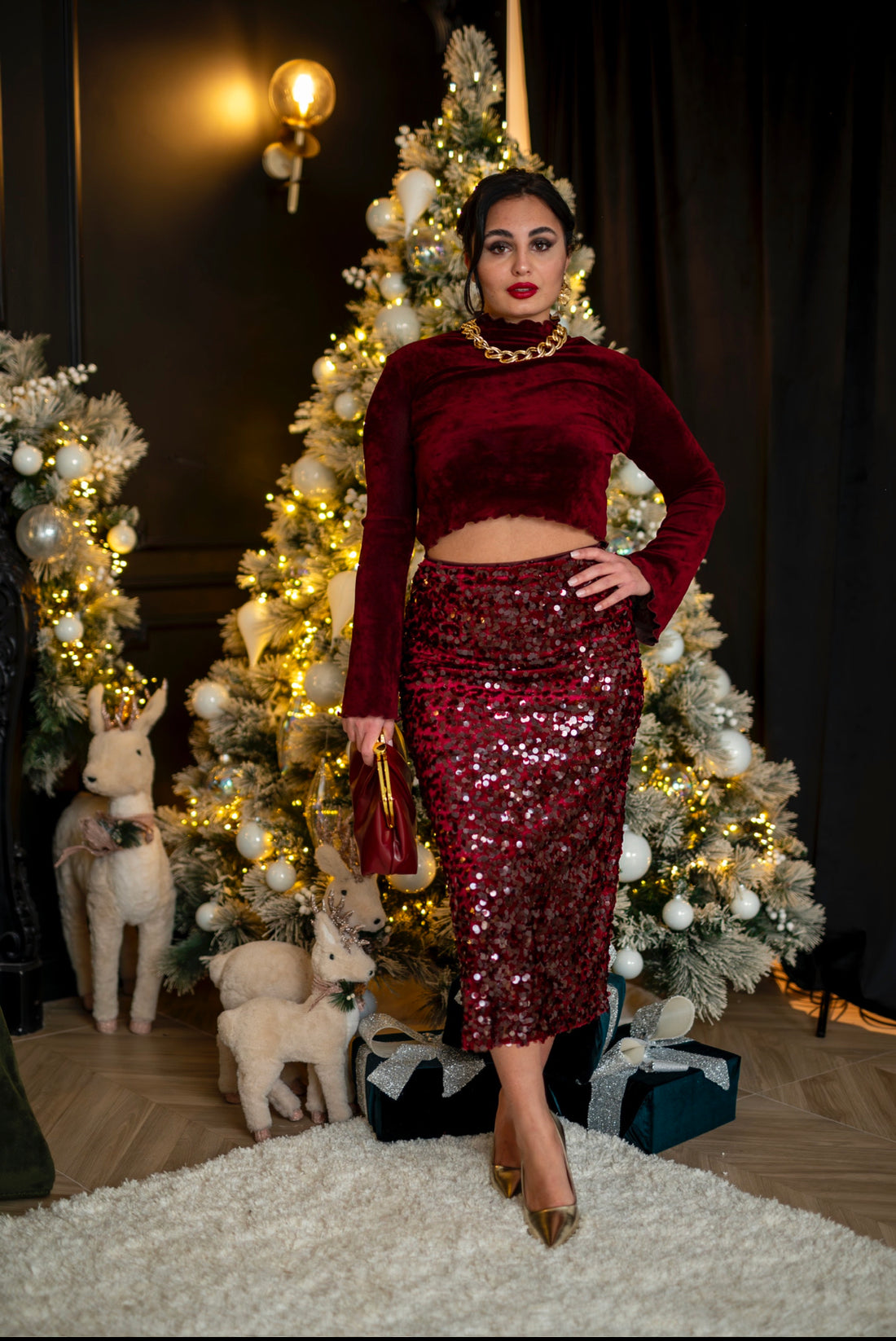 Gonna Paiettata Bordeaux