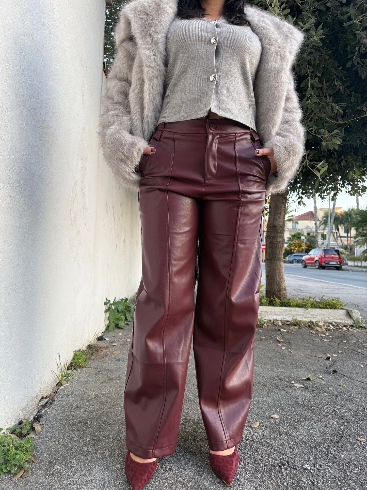 Pantalone Ecopelle Bordeaux